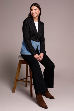 Blue Thread Mixed Media Pin Stripe & Denim Blazer-Blackout