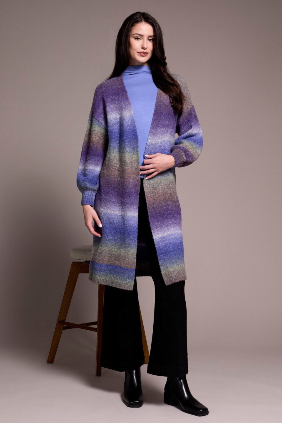 Boucle Space Dye Puff Sleeve Long Cardigan-M blueviolet
