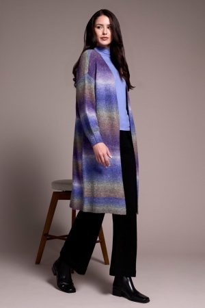 Boucle Space Dye Puff Sleeve Long Cardigan-M blueviolet