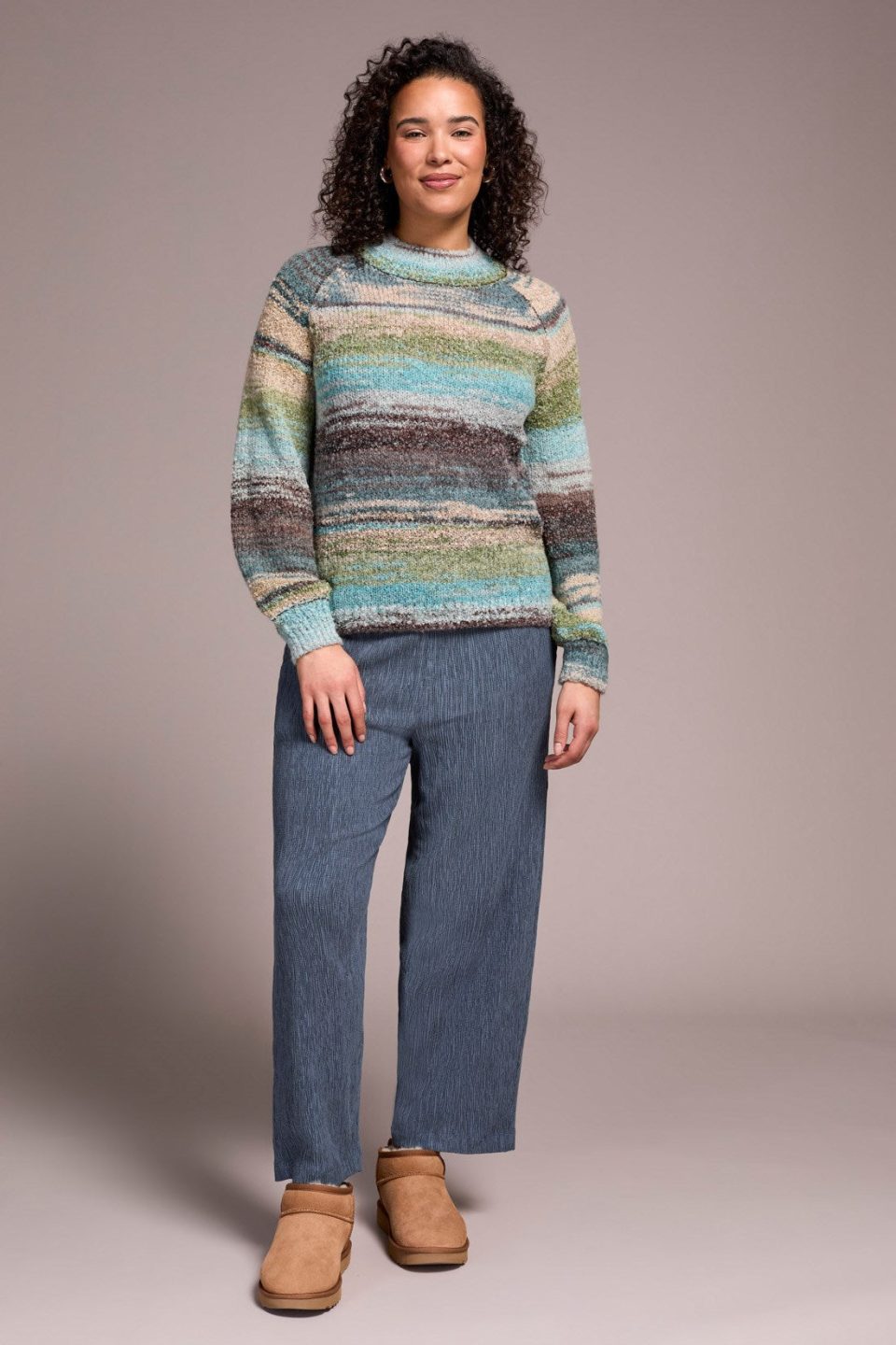 Boucle Yarn Mock Neck Puff Sleeve Sweater-Aquahaze