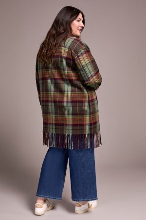 Brushed Plaid Fringe-Hem Button-Front Shacket-Passion plum