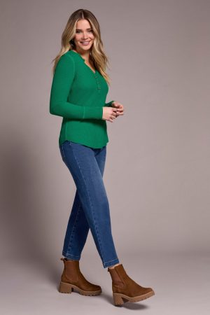 Brushed Waffle Knit Henley Long Sleeve Top-Fieldgreen