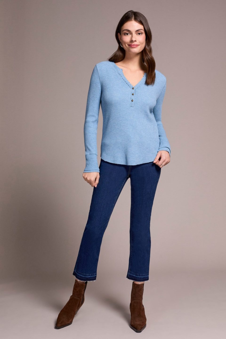 Brushed Waffle Knit Henley Long Sleeve Top-H denim
