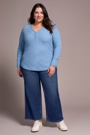 Brushed Waffle Knit Henley Long Sleeve Top-H denim