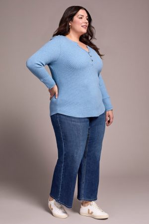 Brushed Waffle Knit Henley Long Sleeve Top-H denim