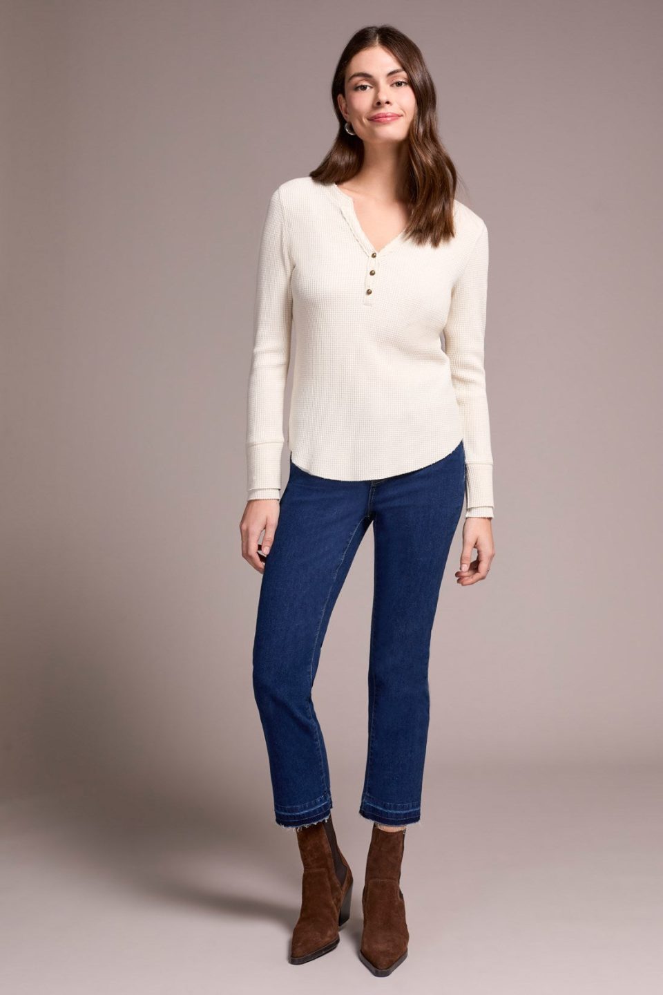 Brushed Waffle Knit Henley Long Sleeve Top-H eggshell