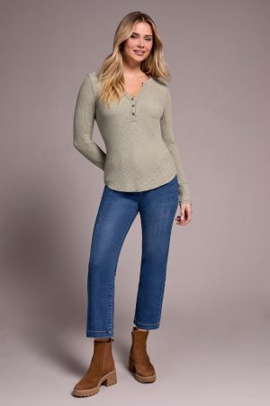 Brushed Waffle Knit Henley Long Sleeve Top-H oliveleaf