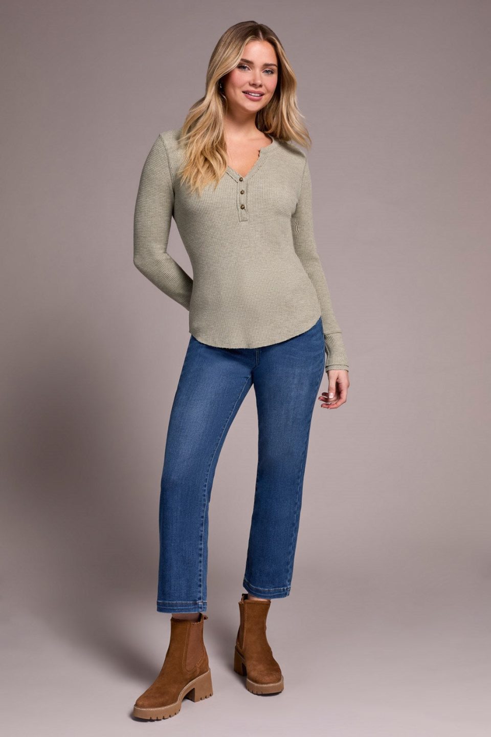 Brushed Waffle Knit Henley Long Sleeve Top-H oliveleaf
