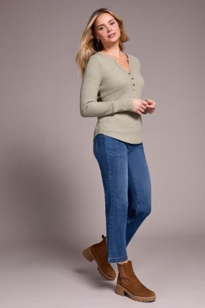 Brushed Waffle Knit Henley Long Sleeve Top-H oliveleaf