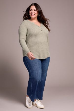 Brushed Waffle Knit Henley Long Sleeve Top-H oliveleaf