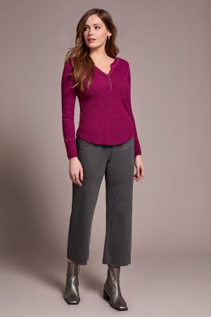 Brushed Waffle Knit Henley Long Sleeve Top-H plumwine