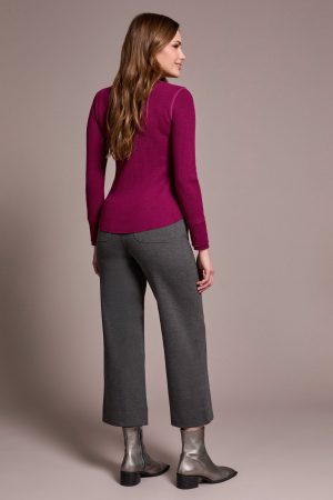 Brushed Waffle Knit Henley Long Sleeve Top-H plumwine