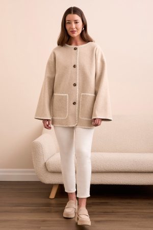 Button-Front Coat With Detachable Scarf-H icelatte