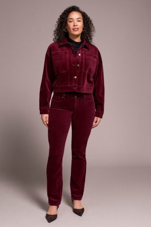 Button-Front Stretch Corduroy Jacket-Wine