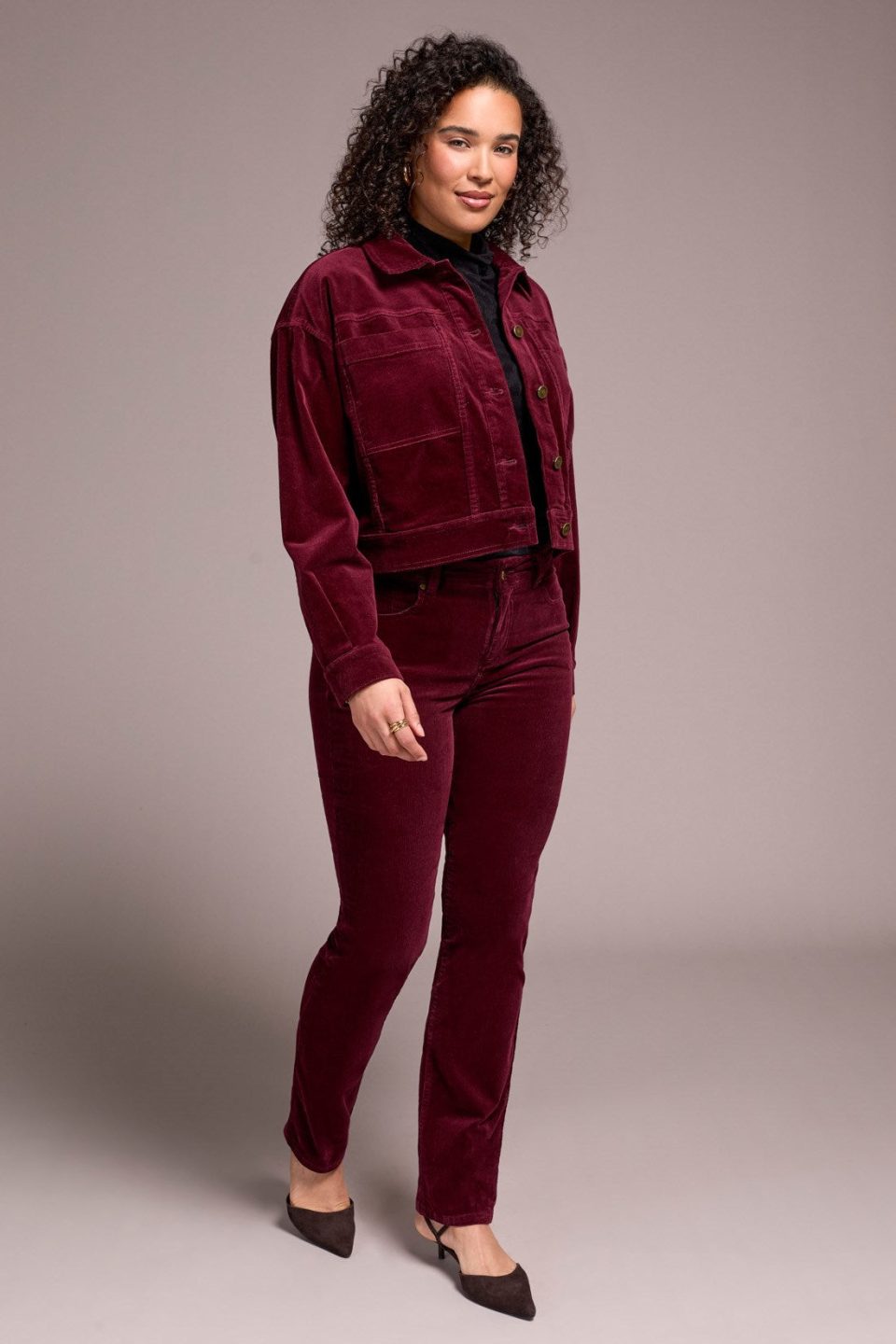 Button-Front Stretch Corduroy Jacket-Wine