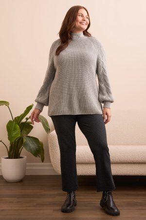 Cable Knit Mock Neck Sweater-Grey mix