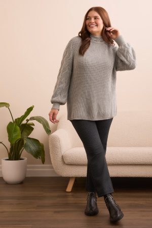 Cable Knit Mock Neck Sweater-Grey mix