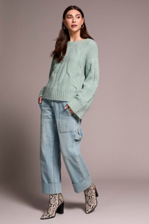Cable-Knit Textured Crewneck Sweater-H silverpine
