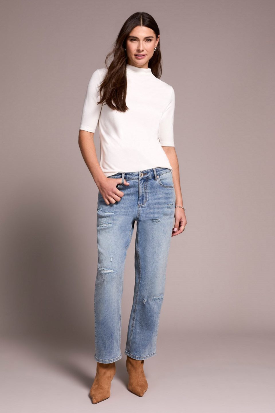 Audrey Distressed Denim Girlfriend Jeans-Washedblue
