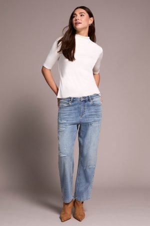 Audrey Distressed Denim Girlfriend Jeans-Washedblue