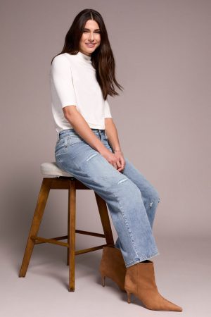 Audrey Distressed Denim Girlfriend Jeans-Washedblue