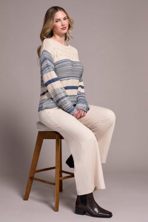 Color Block Bell Sleeve Boat Neck Sweater-Slateblue