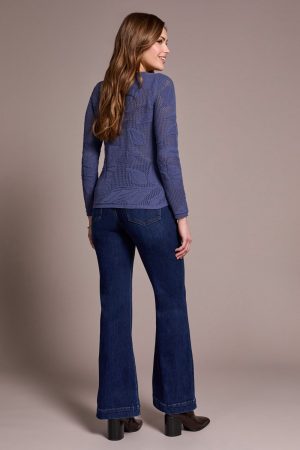 Openwork Knit Jacquard Leaf Sweater -Marine