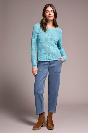 Openwork Knit Jacquard Leaf Sweater-Mistblue