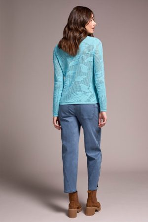 Openwork Knit Jacquard Leaf Sweater-Mistblue