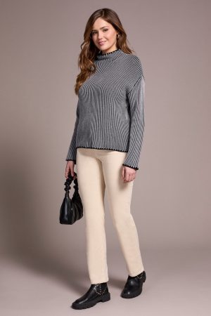 Combed Cotton Two-Tone Rib Funnel Neck Sweater-Grey mix