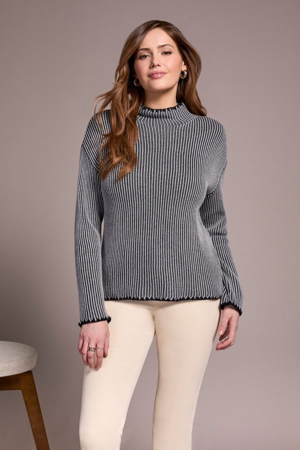 Combed Cotton Two-Tone Rib Funnel Neck Sweater-Grey mix