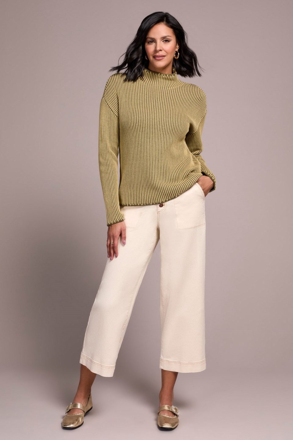 Combed Cotton Two-Tone Rib Funnel Neck Sweater-Leek