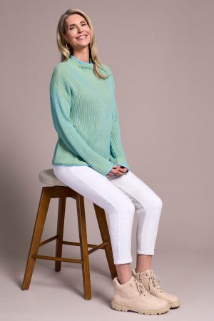 Combed Cotton Two-Tone Rib Funnel Neck Sweater-Mistblue