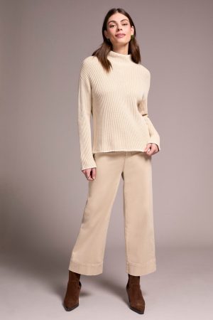 Combed Cotton Two-Tone Rib Funnel Neck Sweater-Moonstone