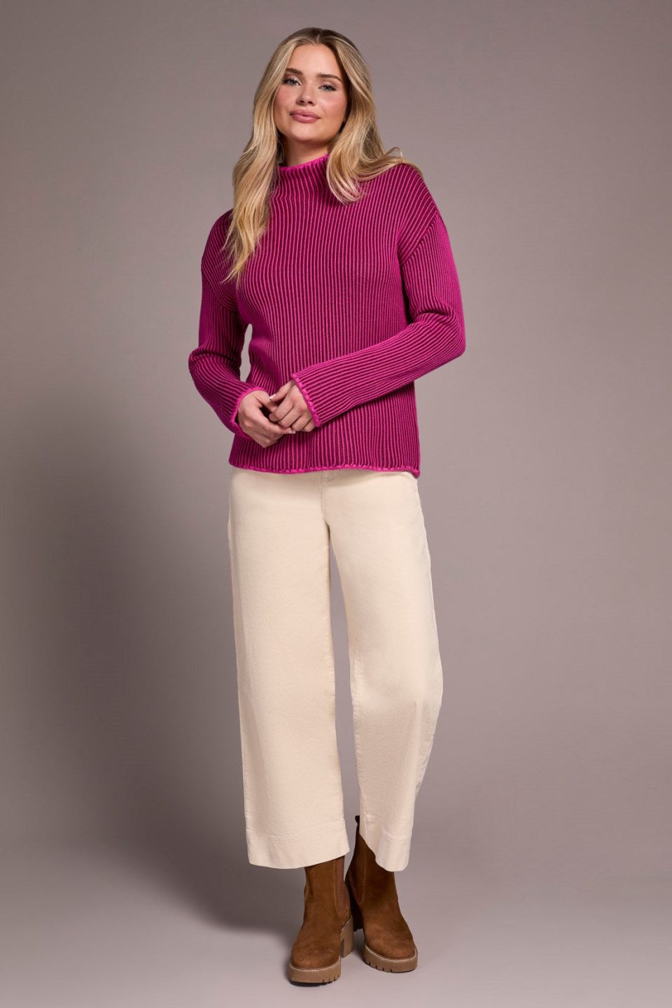 Combed Cotton Two-Tone Rib Funnel Neck Sweater-Pink flambe