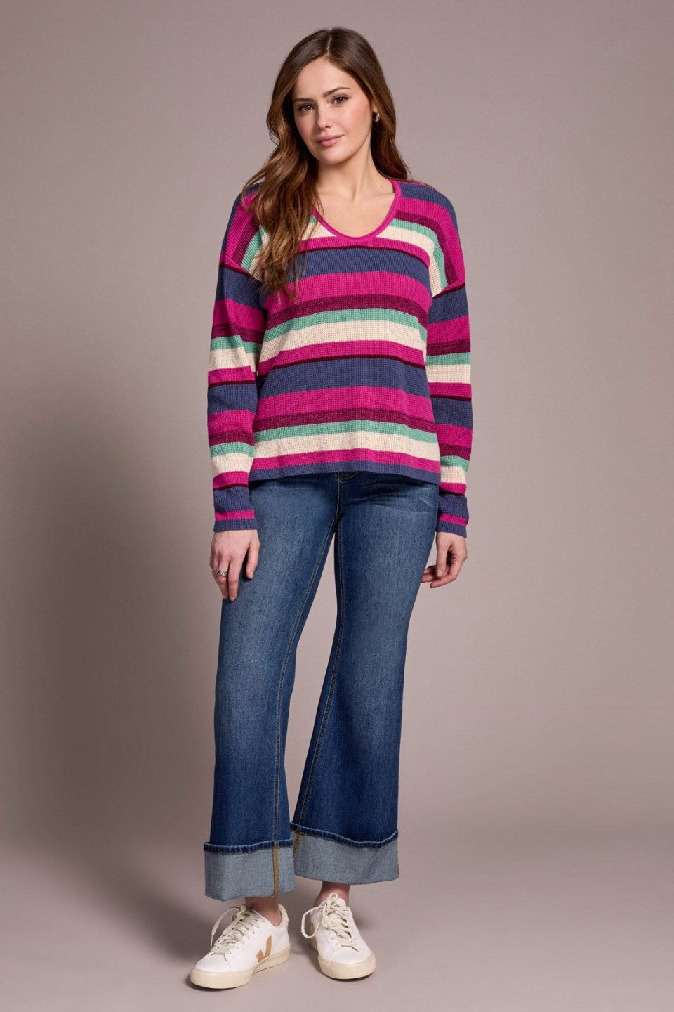 Combed Cotton U-Neck Waffle Sweater-Pink flambe