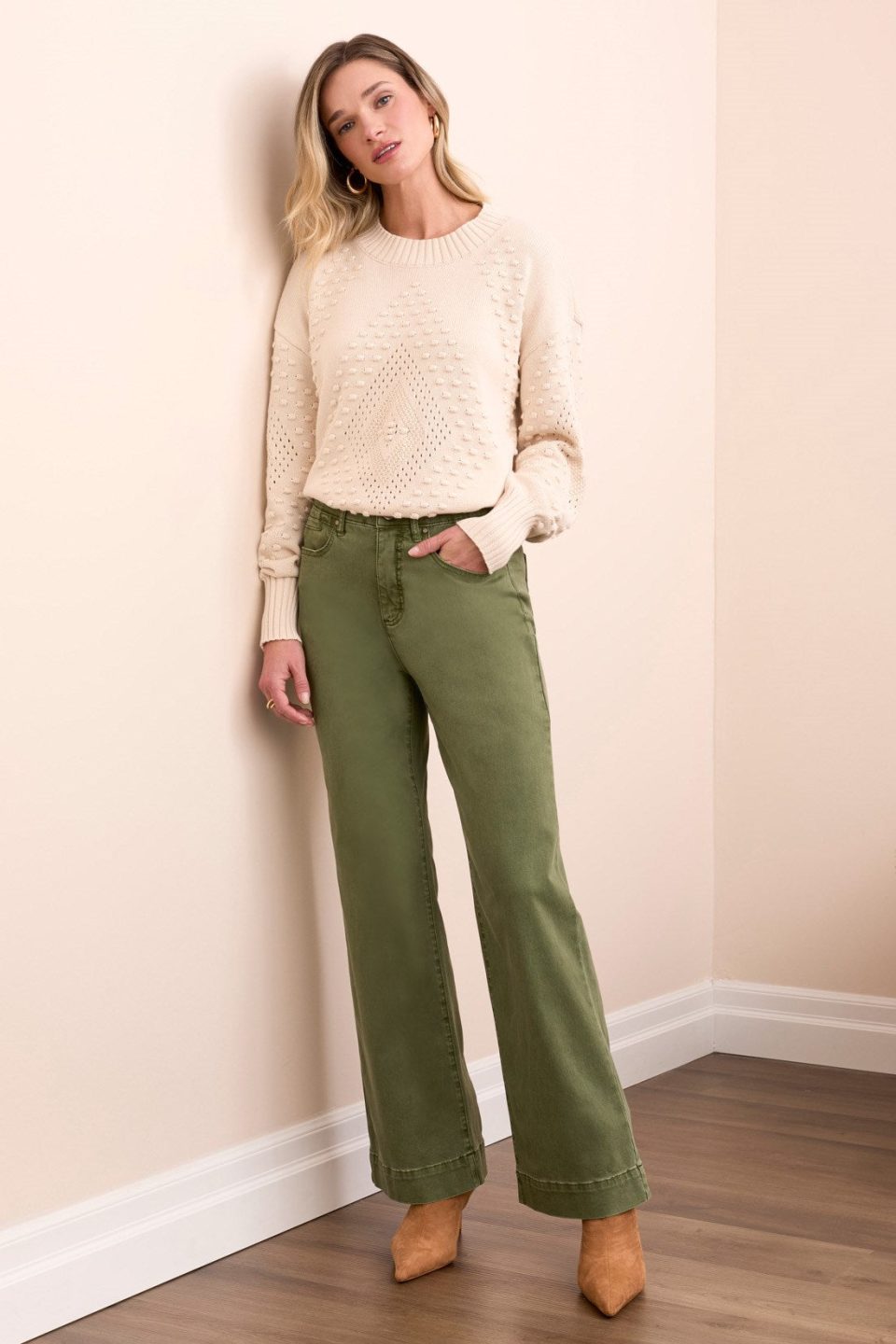 Comfort Stretch Fly Front Wide Leg Pants-Chive