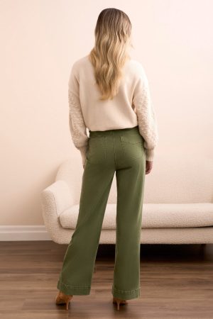 Comfort Stretch Fly Front Wide Leg Pants-Chive
