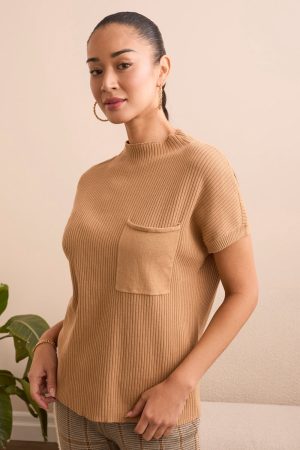 Cotton Mock Neck Cap Short Sleeve Top-Icelatte