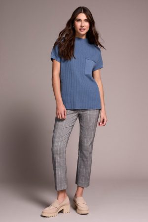 Cotton Mock Neck Cap Short Sleeve Top-Slateblue