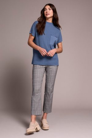 Cotton Mock Neck Cap Short Sleeve Top-Slateblue