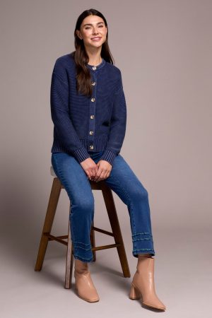 Cotton Yarn Button-Front Cardigan With Special Wash-Nightfall