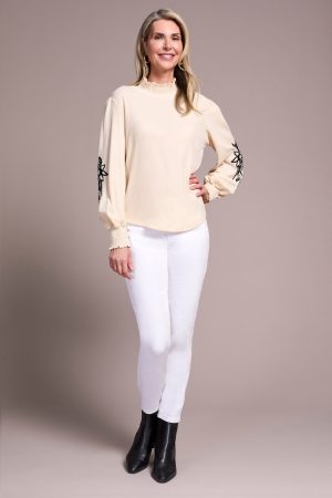 Crinkled Knit Smocked Mock Neck Top-Moonstone