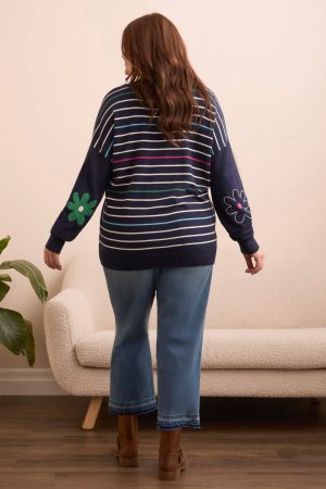 Daisy Flower Front Cotton V-Neck Sweater-Nightfall