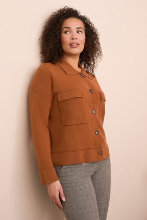 Double Knit Collared Sweater Cardigan-Bran