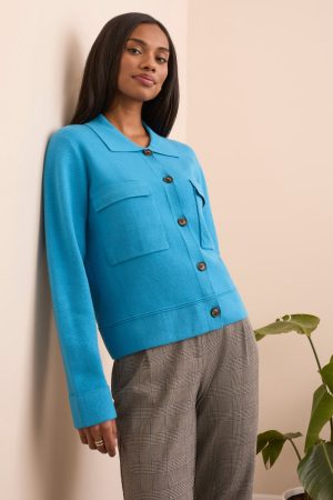 Double Knit Collared Sweater Cardigan-Celestial