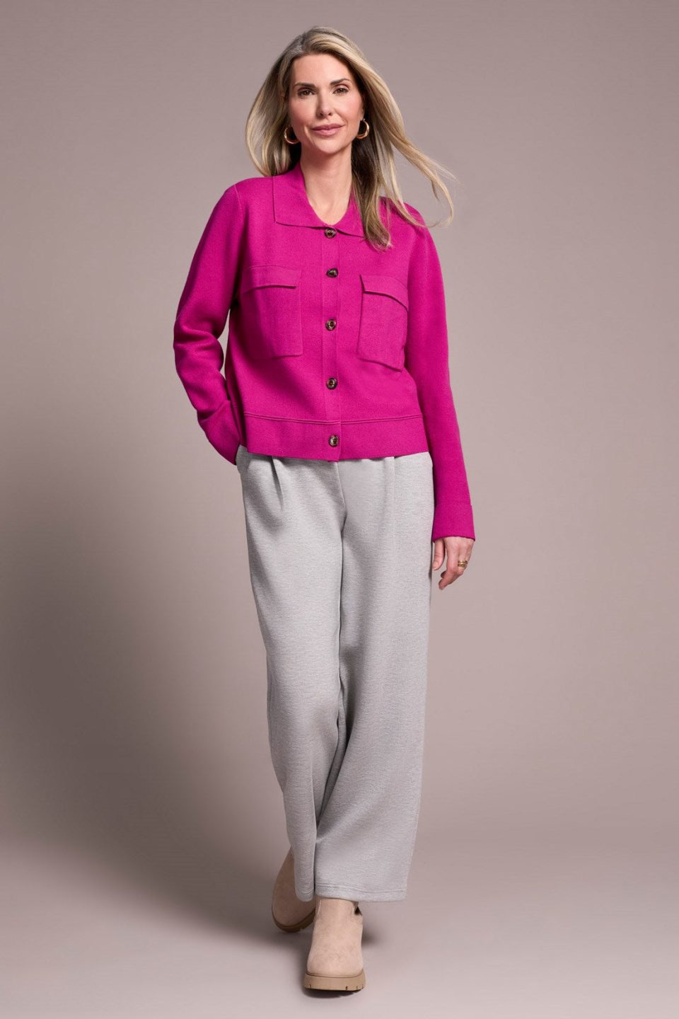Double Knit Collared Sweater Cardigan-Pink flambe