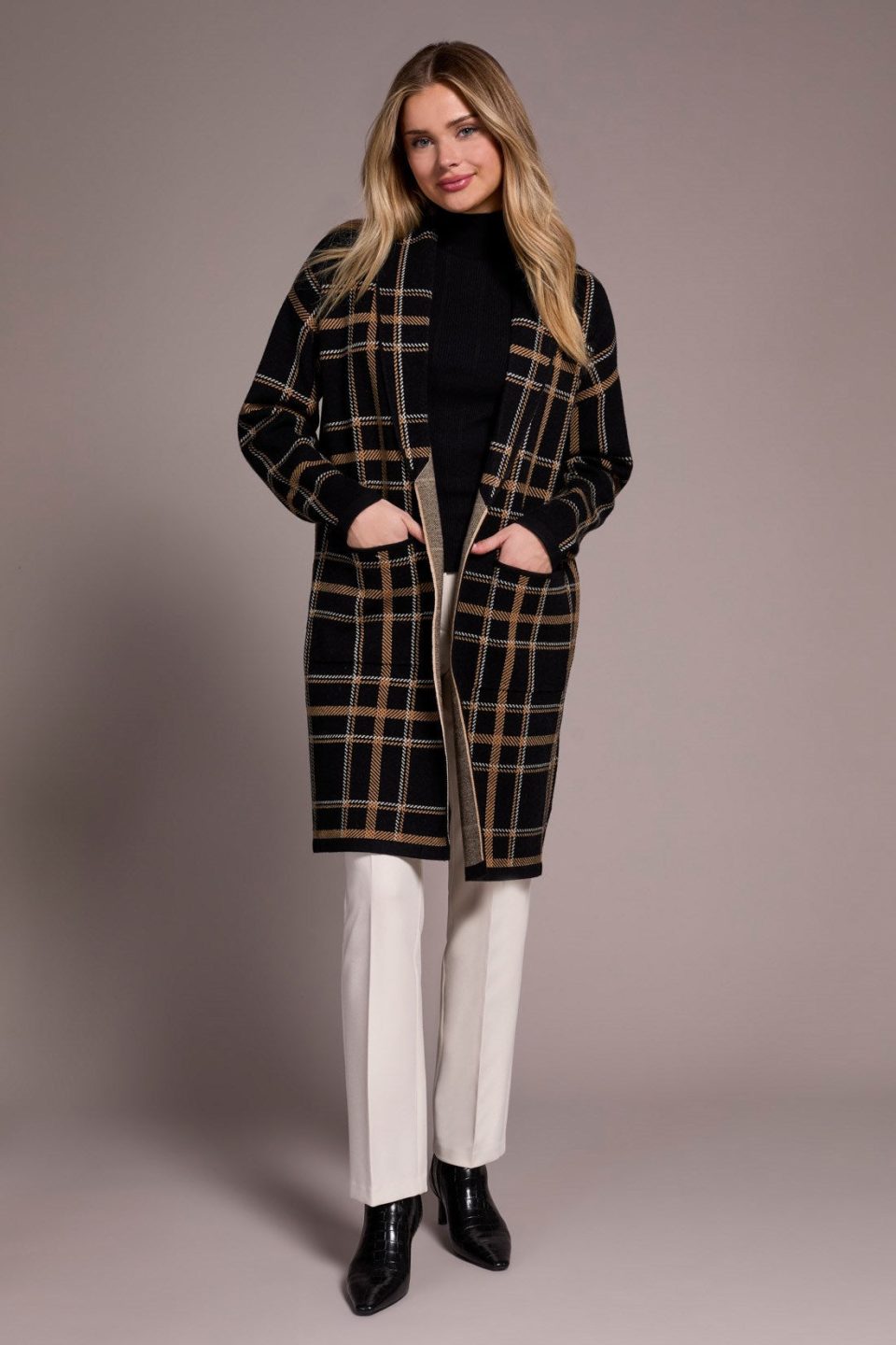 Double Knit Long Plaid Coatigan-Black