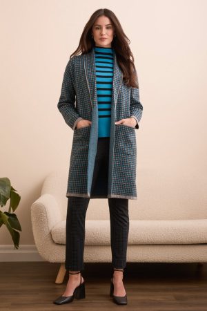 Double Knit Long Plaid Coatigan-Charcoal