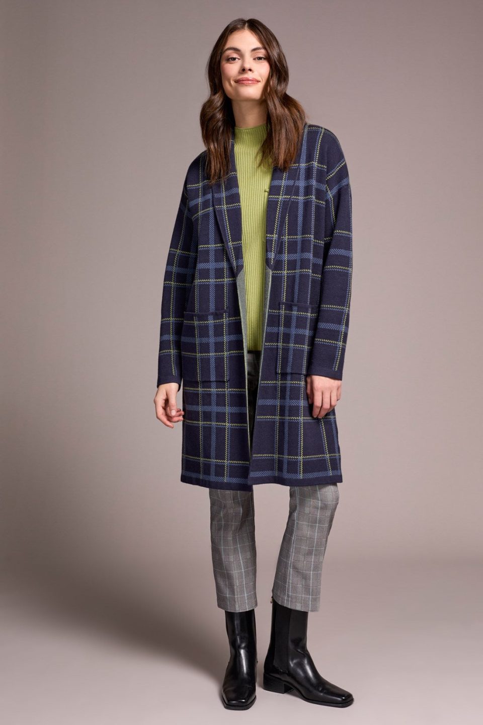 Double Knit Long Plaid Coatigan-Sapphire